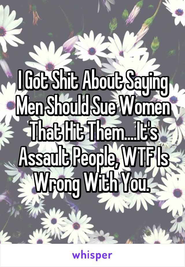 I Got Shit About Saying Men Should Sue Women That Hit Them....It's Assault People, WTF Is Wrong With You. 