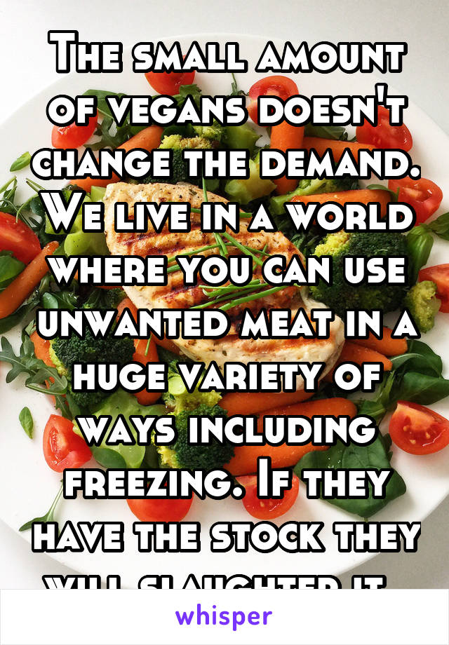 The small amount of vegans doesn't change the demand. We live in a world where you can use unwanted meat in a huge variety of ways including freezing. If they have the stock they will slaughter it. 