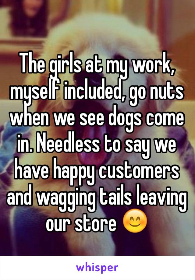 The girls at my work, myself included, go nuts when we see dogs come in. Needless to say we have happy customers and wagging tails leaving our store 😊