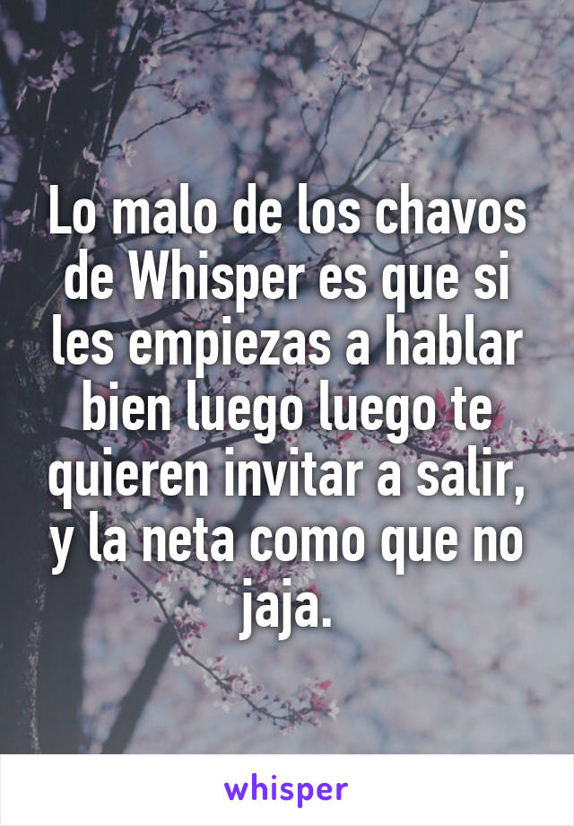 Lo malo de los chavos de Whisper es que si les empiezas a hablar bien luego luego te quieren invitar a salir, y la neta como que no jaja.