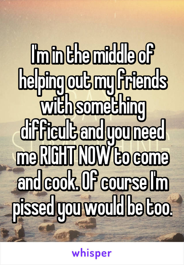 I'm in the middle of helping out my friends with something difficult and you need me RIGHT NOW to come and cook. Of course I'm pissed you would be too.