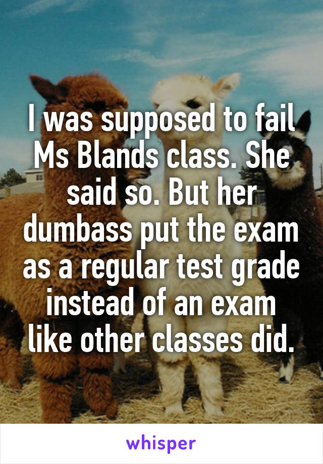 I was supposed to fail Ms Blands class. She said so. But her dumbass put the exam as a regular test grade instead of an exam like other classes did.