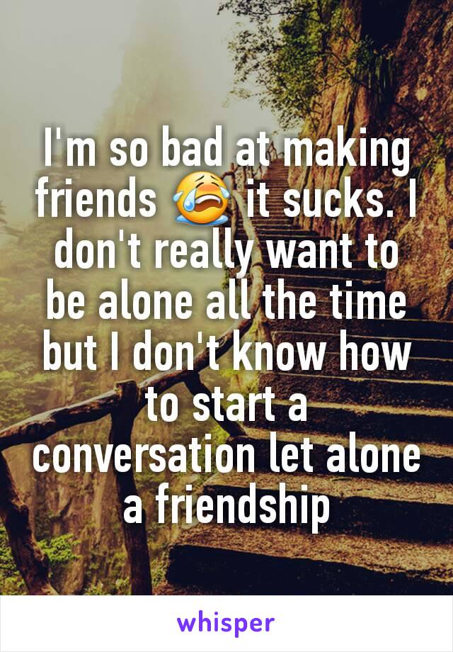 I'm so bad at making friends 😭 it sucks. I don't really want to be alone all the time but I don't know how to start a conversation let alone a friendship