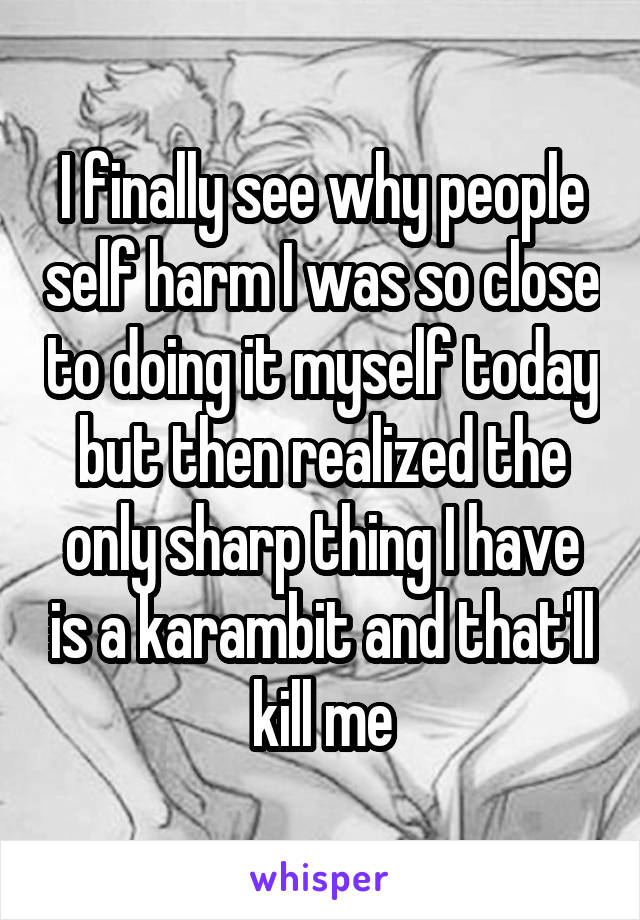 I finally see why people self harm I was so close to doing it myself today but then realized the only sharp thing I have is a karambit and that'll kill me