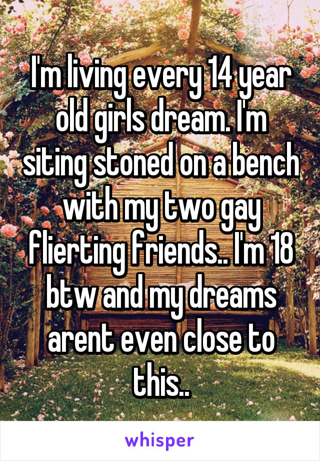 I'm living every 14 year old girls dream. I'm siting stoned on a bench with my two gay flierting friends.. I'm 18 btw and my dreams arent even close to this..