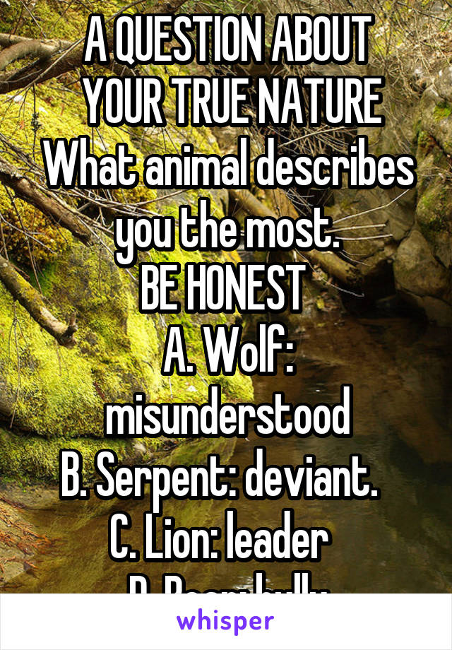 A QUESTION ABOUT
 YOUR TRUE NATURE
What animal describes you the most.
 BE HONEST  
A. Wolf: misunderstood
  B. Serpent: deviant.     C. Lion: leader  
D. Bear: bully