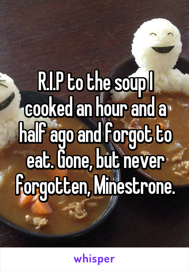 R.I.P to the soup I cooked an hour and a half ago and forgot to eat. Gone, but never forgotten, Minestrone.