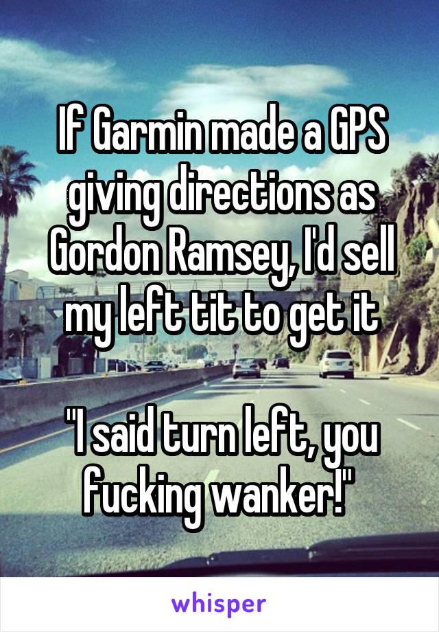 If Garmin made a GPS giving directions as Gordon Ramsey, I'd sell my left tit to get it

"I said turn left, you fucking wanker!" 