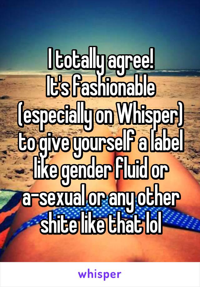 I totally agree!
It's fashionable (especially on Whisper) to give yourself a label like gender fluid or a-sexual or any other shite like that lol