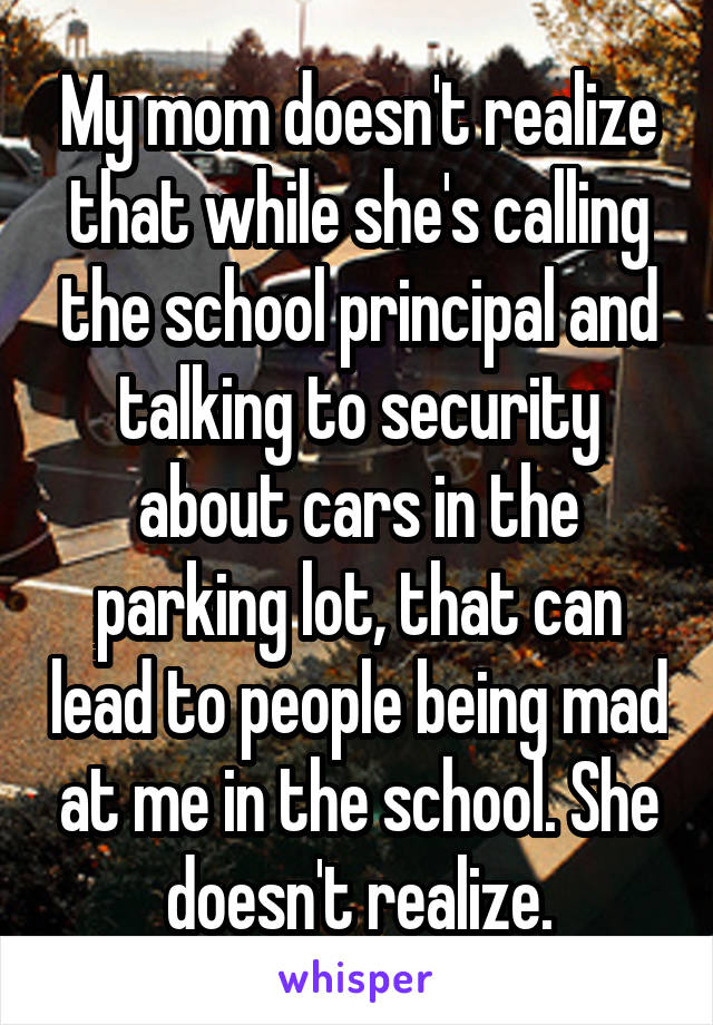 My mom doesn't realize that while she's calling the school principal and talking to security about cars in the parking lot, that can lead to people being mad at me in the school. She doesn't realize.