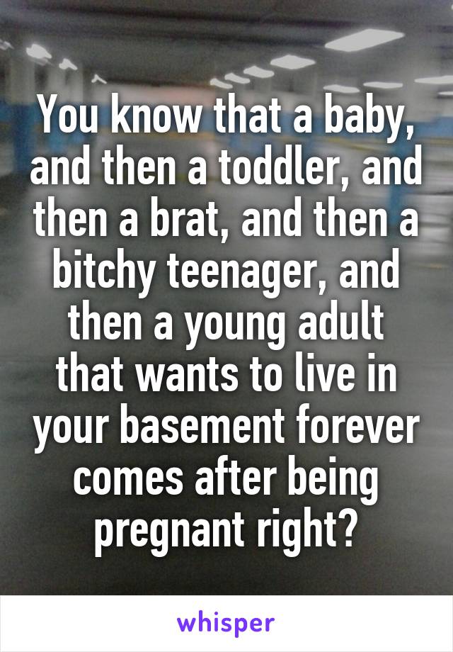 You know that a baby, and then a toddler, and then a brat, and then a bitchy teenager, and then a young adult that wants to live in your basement forever comes after being pregnant right?