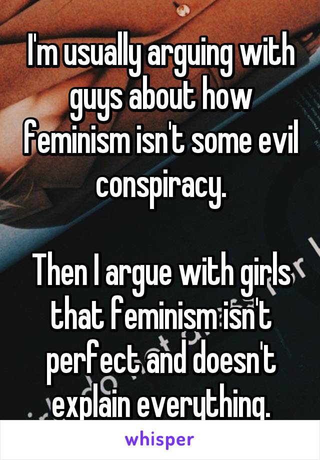 I'm usually arguing with guys about how feminism isn't some evil conspiracy.

Then I argue with girls that feminism isn't perfect and doesn't explain everything.