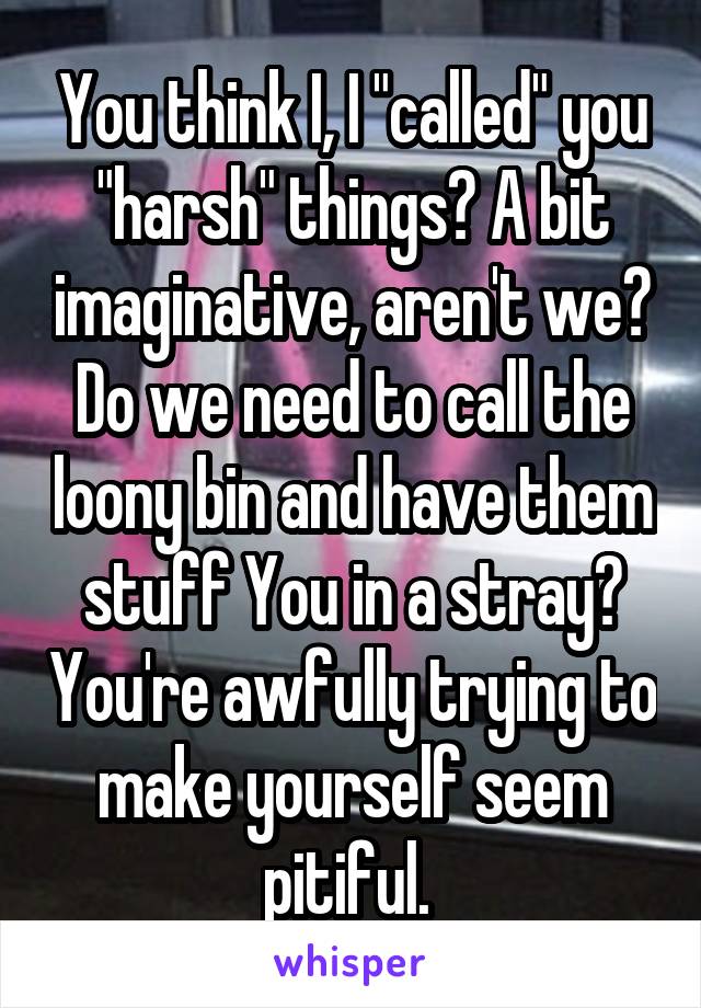 You think I, I "called" you "harsh" things? A bit imaginative, aren't we? Do we need to call the loony bin and have them stuff You in a stray? You're awfully trying to make yourself seem pitiful. 