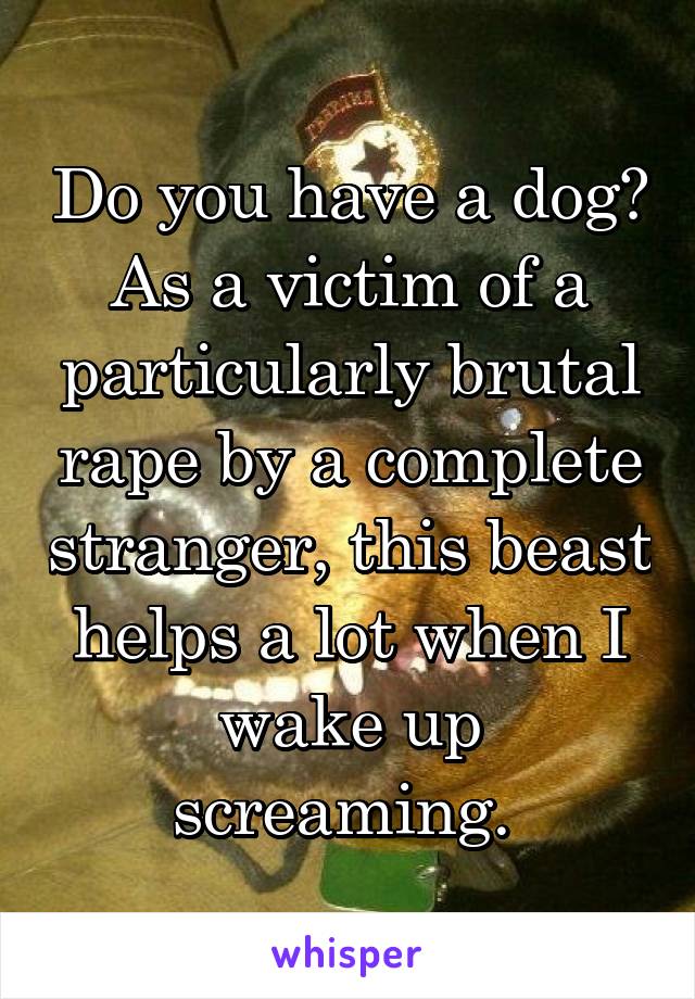 Do you have a dog? As a victim of a particularly brutal rape by a complete stranger, this beast helps a lot when I wake up screaming. 