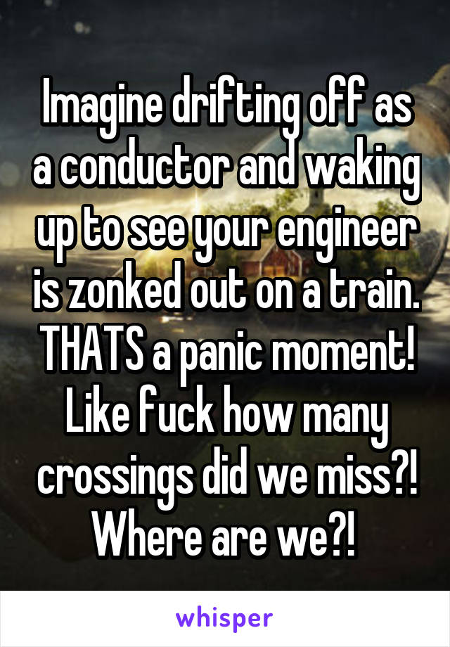 Imagine drifting off as a conductor and waking up to see your engineer is zonked out on a train. THATS a panic moment! Like fuck how many crossings did we miss?! Where are we?! 