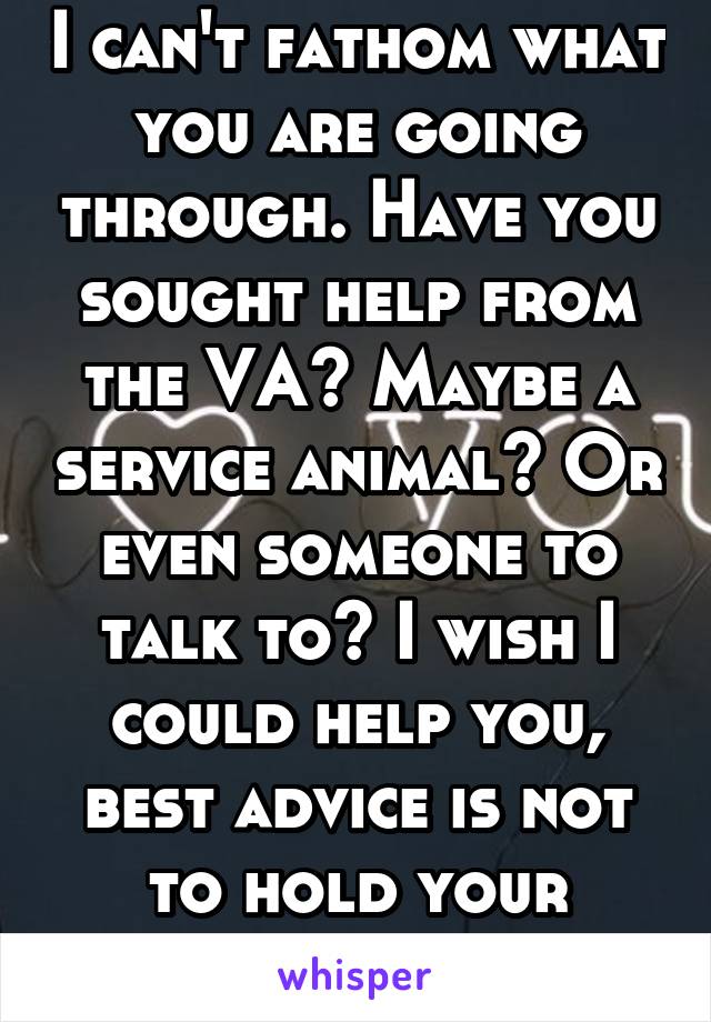 I can't fathom what you are going through. Have you sought help from the VA? Maybe a service animal? Or even someone to talk to? I wish I could help you, best advice is not to hold your emotions in. 