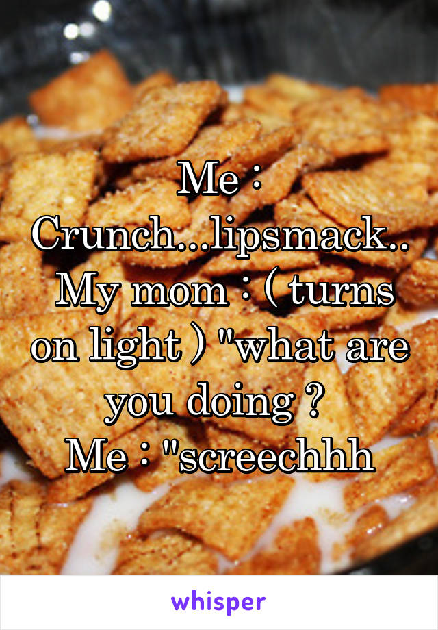 Me : Crunch...lipsmack..
 My mom : ( turns on light ) "what are you doing ? 
Me : "screechhh