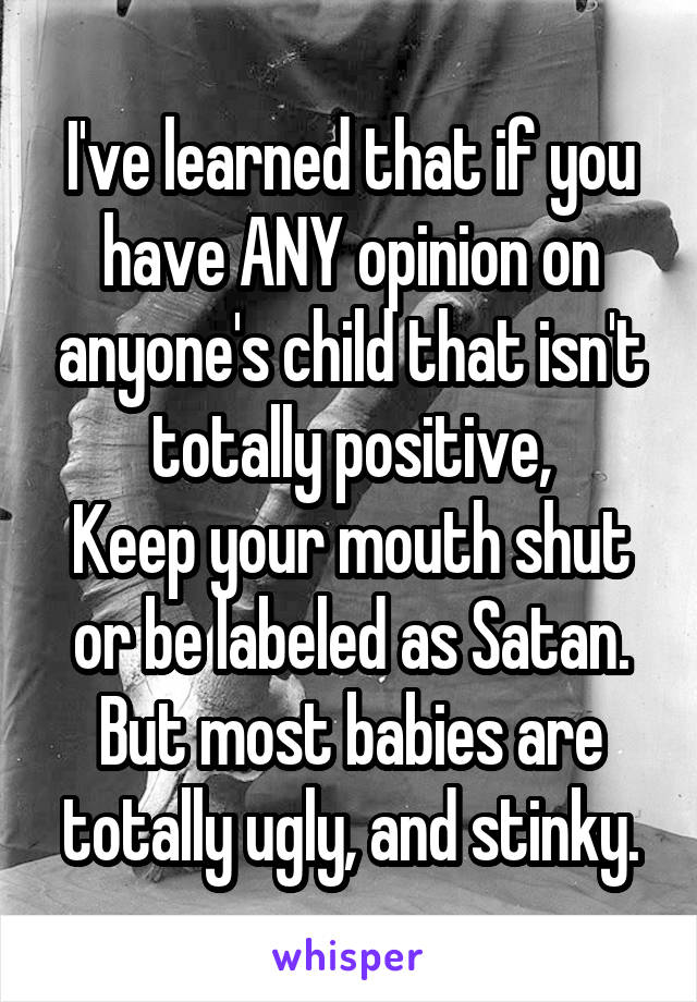 I've learned that if you have ANY opinion on anyone's child that isn't totally positive,
Keep your mouth shut or be labeled as Satan.
But most babies are totally ugly, and stinky.