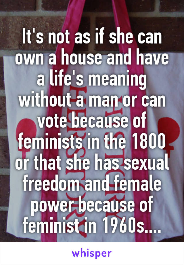 It's not as if she can own a house and have a life's meaning without a man or can vote because of feminists in the 1800 or that she has sexual freedom and female power because of feminist in 1960s....