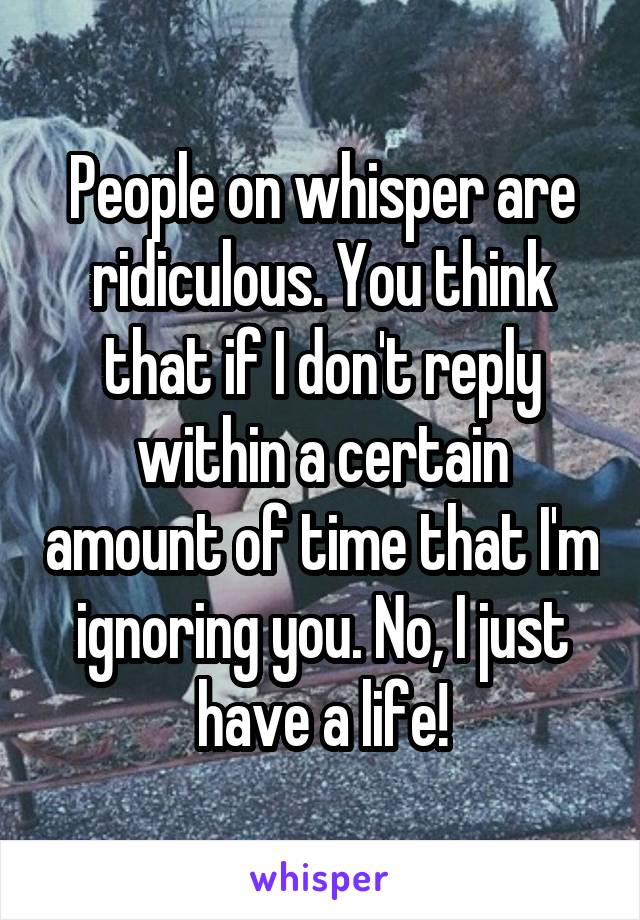 People on whisper are ridiculous. You think that if I don't reply within a certain amount of time that I'm ignoring you. No, I just have a life!