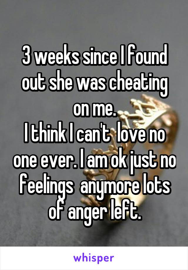 3 weeks since I found out she was cheating on me.
I think I can't  love no one ever. I am ok just no feelings  anymore lots of anger left.