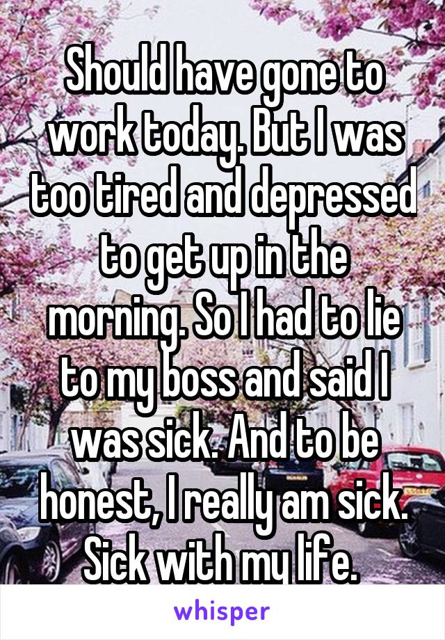 Should have gone to work today. But I was too tired and depressed to get up in the morning. So I had to lie to my boss and said I was sick. And to be honest, I really am sick. Sick with my life. 