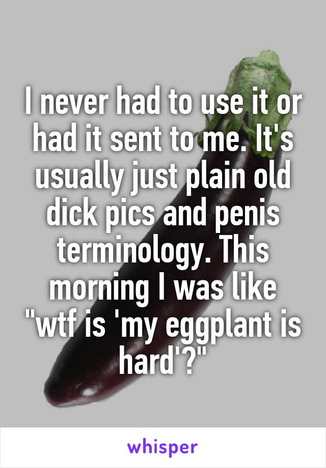 I never had to use it or had it sent to me. It's usually just plain old dick pics and penis terminology. This morning I was like "wtf is 'my eggplant is hard'?"