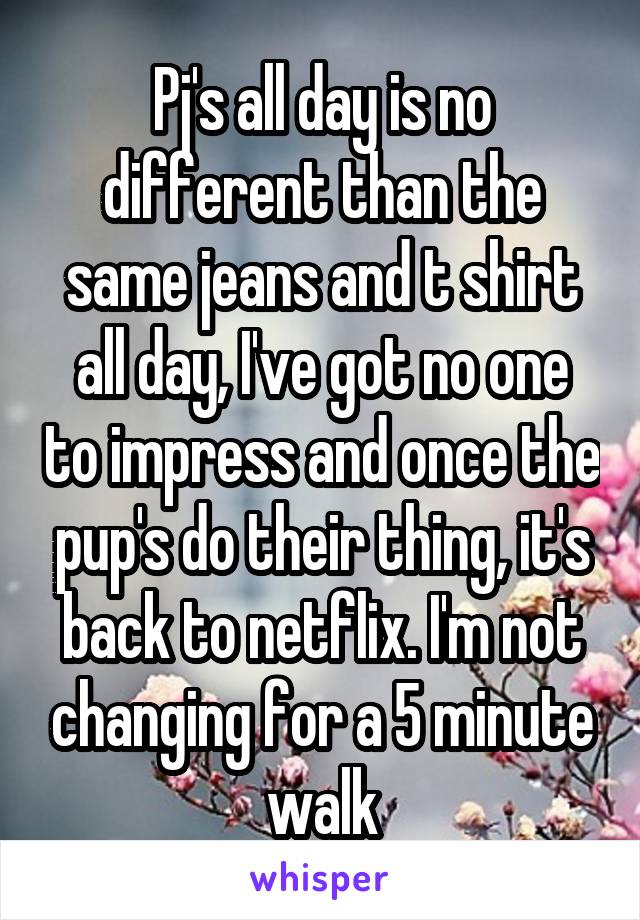 Pj's all day is no different than the same jeans and t shirt all day, I've got no one to impress and once the pup's do their thing, it's back to netflix. I'm not changing for a 5 minute walk