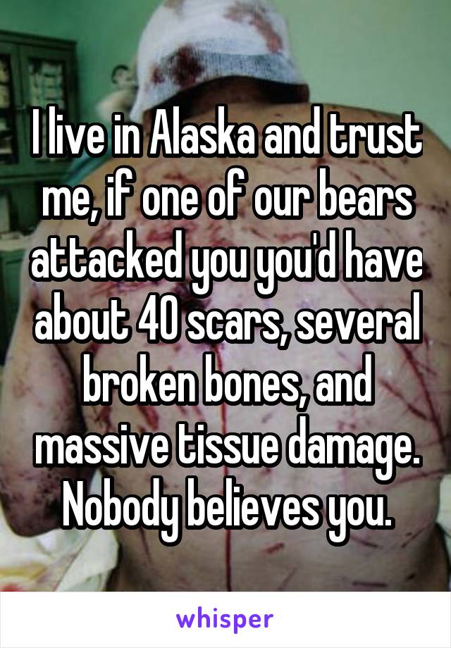 I live in Alaska and trust me, if one of our bears attacked you you'd have about 40 scars, several broken bones, and massive tissue damage. Nobody believes you.