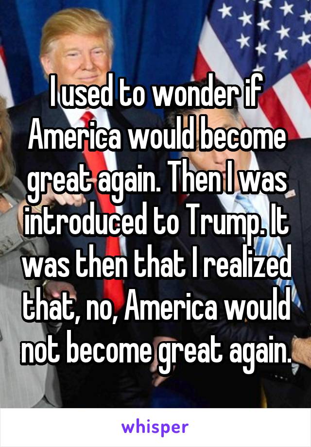 I used to wonder if America would become great again. Then I was introduced to Trump. It was then that I realized that, no, America would not become great again.