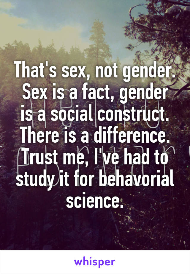 That's sex, not gender.
Sex is a fact, gender is a social construct. There is a difference.
Trust me, I've had to study it for behavorial science.