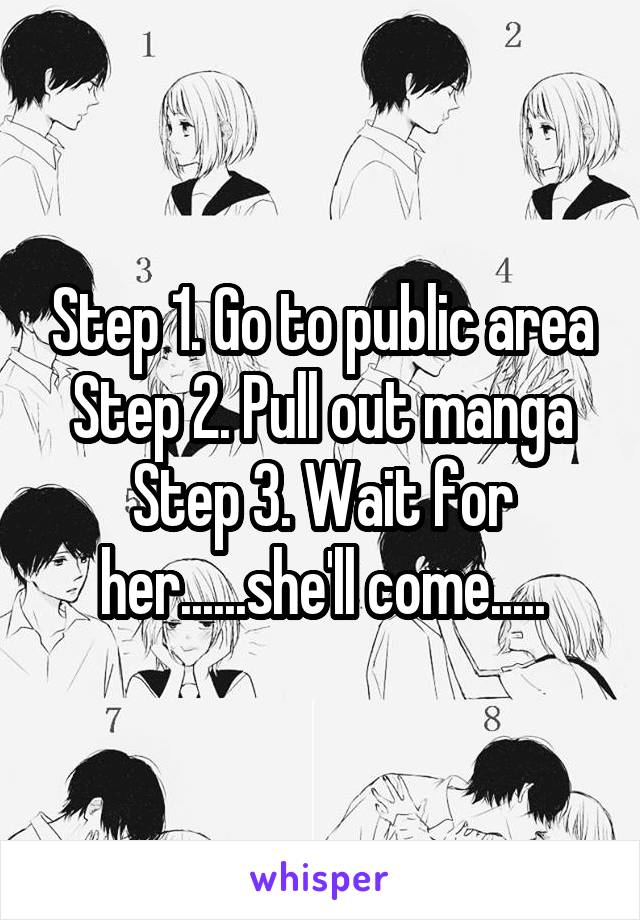 Step 1. Go to public area
Step 2. Pull out manga
Step 3. Wait for her......she'll come.....
