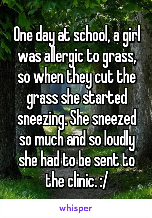 One day at school, a girl was allergic to grass, so when they cut the grass she started sneezing. She sneezed so much and so loudly she had to be sent to the clinic. :/