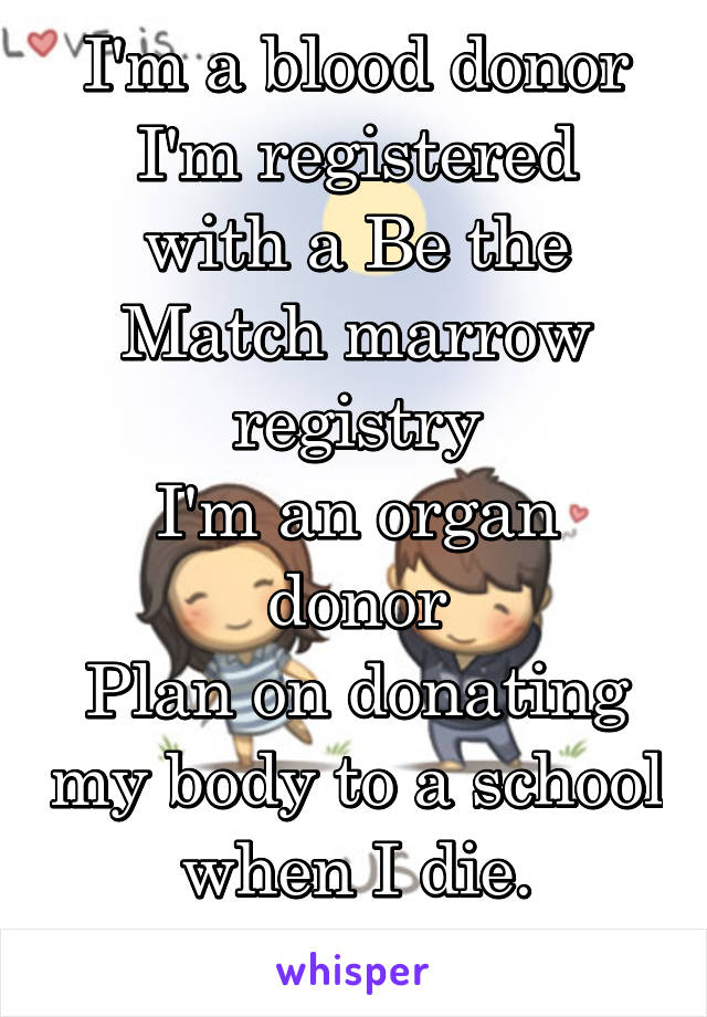 I'm a blood donor
I'm registered with a Be the Match marrow registry
I'm an organ donor
Plan on donating my body to a school when I die.
Share the love