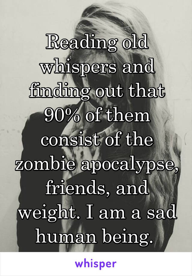 Reading old whispers and finding out that 90% of them consist of the zombie apocalypse, friends, and weight. I am a sad human being. 