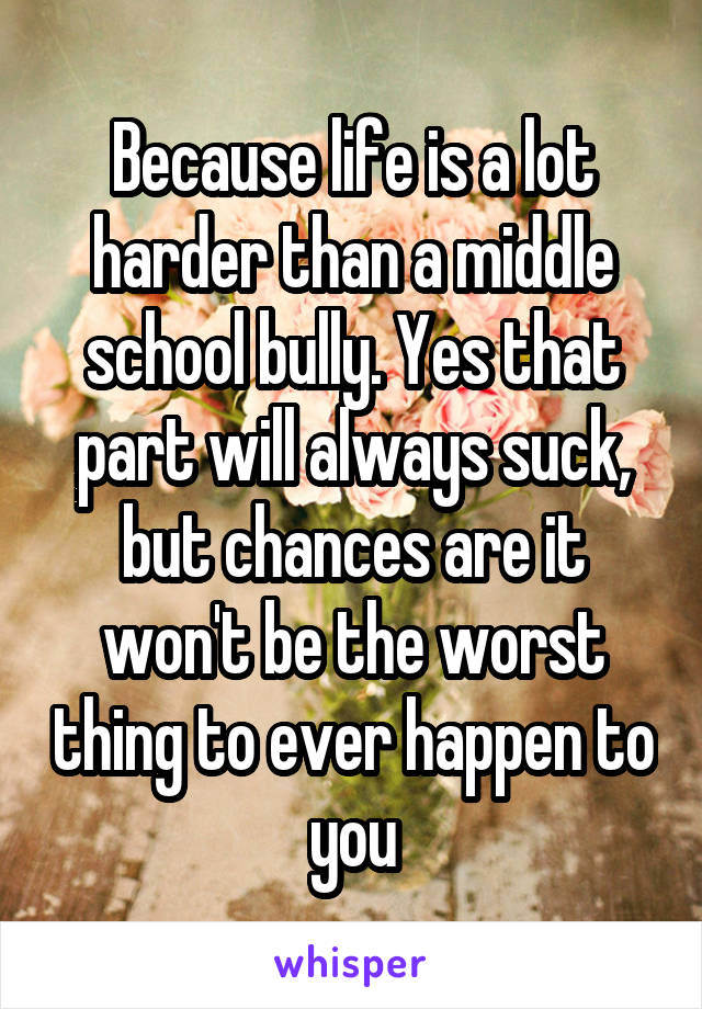 Because life is a lot harder than a middle school bully. Yes that part will always suck, but chances are it won't be the worst thing to ever happen to you