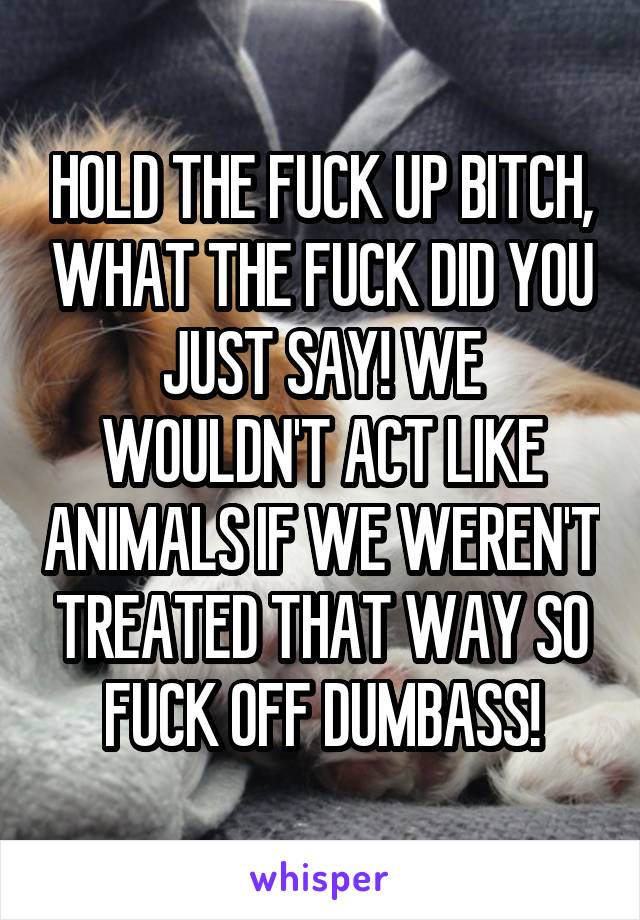 HOLD THE FUCK UP BITCH, WHAT THE FUCK DID YOU JUST SAY! WE WOULDN'T ACT LIKE ANIMALS IF WE WEREN'T TREATED THAT WAY SO FUCK OFF DUMBASS!