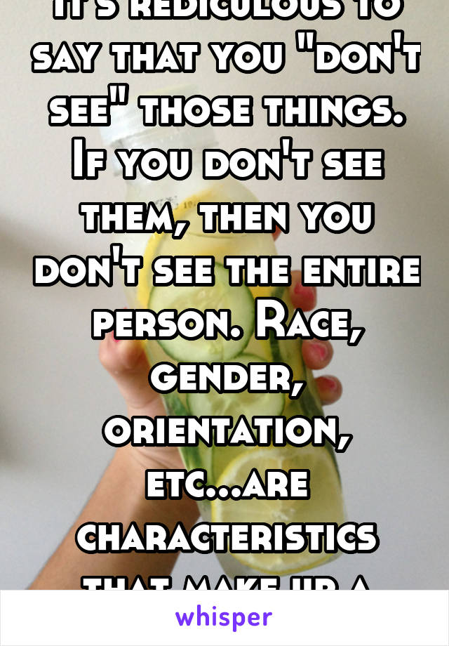 It's rediculous to say that you "don't see" those things. If you don't see them, then you don't see the entire person. Race, gender, orientation, etc...are characteristics that make up a whole person