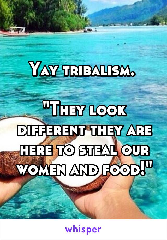 Yay tribalism. 

"They look different they are here to steal our women and food!"