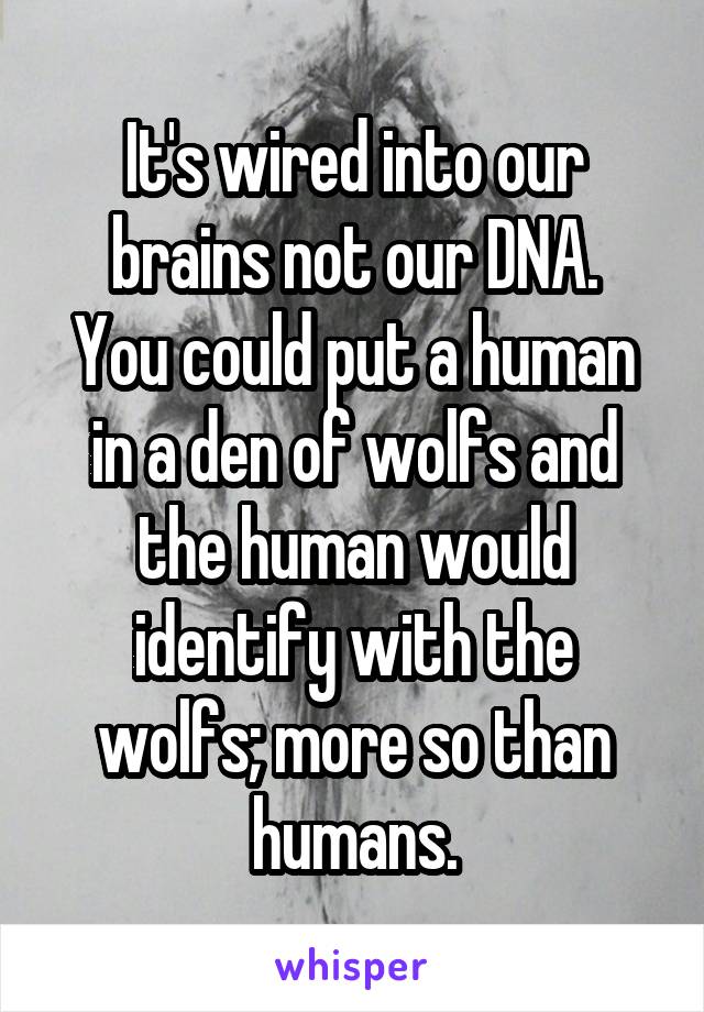 It's wired into our brains not our DNA.
You could put a human in a den of wolfs and the human would identify with the wolfs; more so than humans.