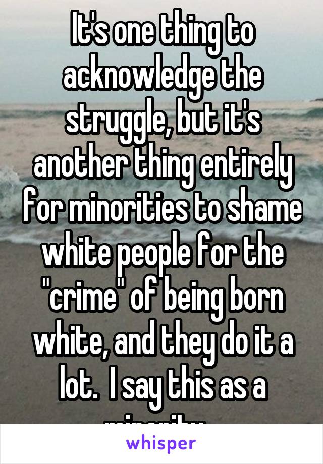 It's one thing to acknowledge the struggle, but it's another thing entirely for minorities to shame white people for the "crime" of being born white, and they do it a lot.  I say this as a minority.  