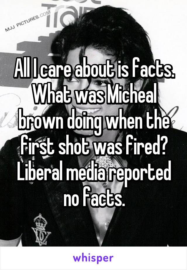 All I care about is facts. What was Micheal brown doing when the first shot was fired? Liberal media reported no facts.