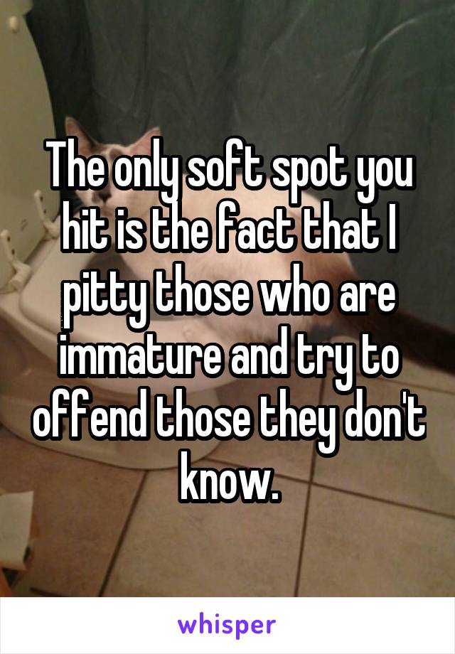 The only soft spot you hit is the fact that I pitty those who are immature and try to offend those they don't know.