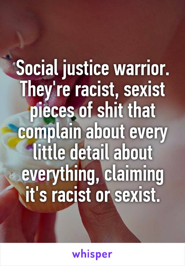 Social justice warrior.
They're racist, sexist pieces of shit that complain about every little detail about everything, claiming it's racist or sexist.