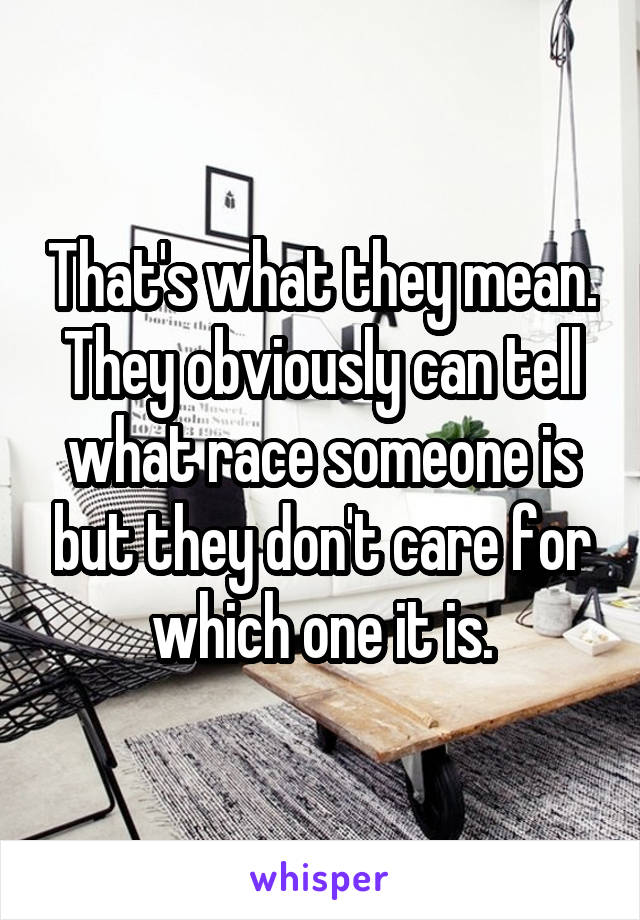 That's what they mean. They obviously can tell what race someone is but they don't care for which one it is.