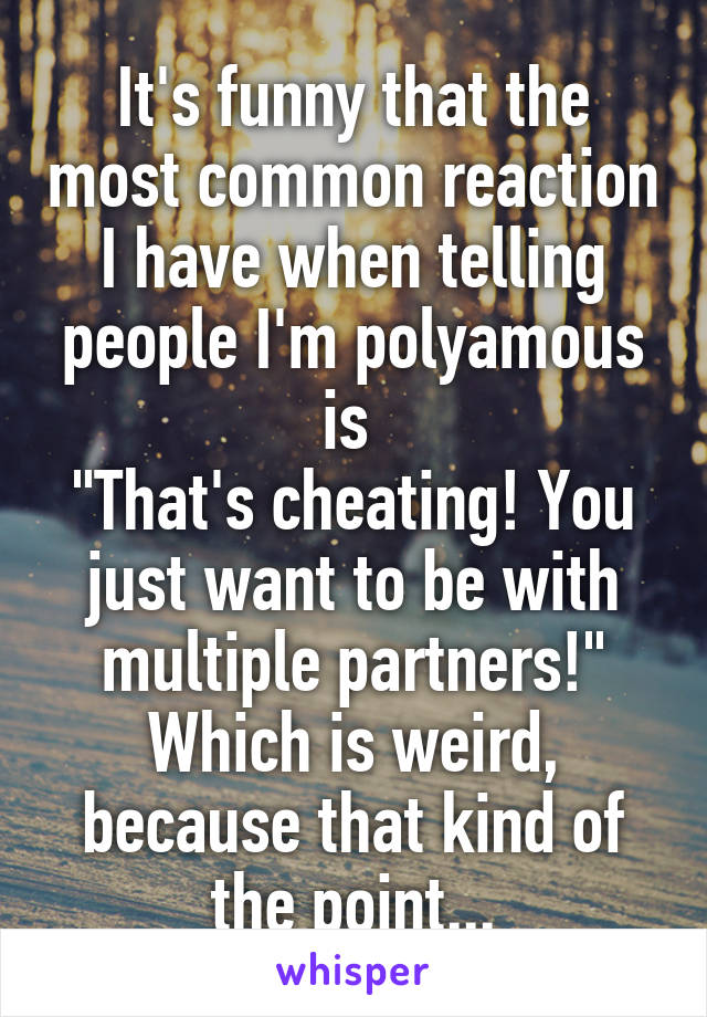 It's funny that the most common reaction I have when telling people I'm polyamous is 
"That's cheating! You just want to be with multiple partners!" Which is weird, because that kind of the point...