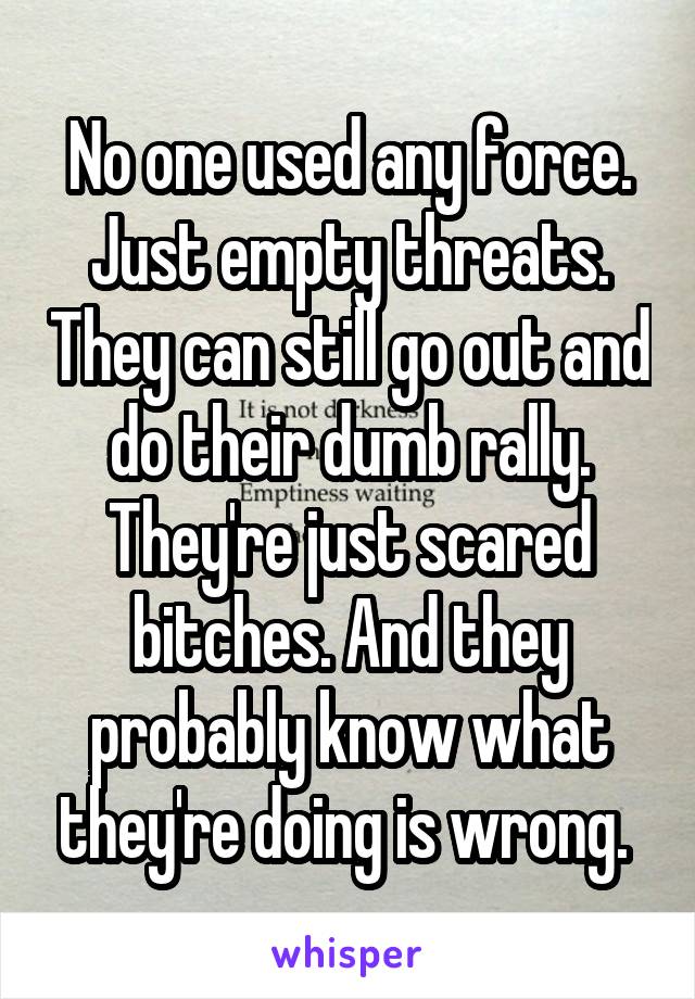 No one used any force. Just empty threats. They can still go out and do their dumb rally. They're just scared bitches. And they probably know what they're doing is wrong. 