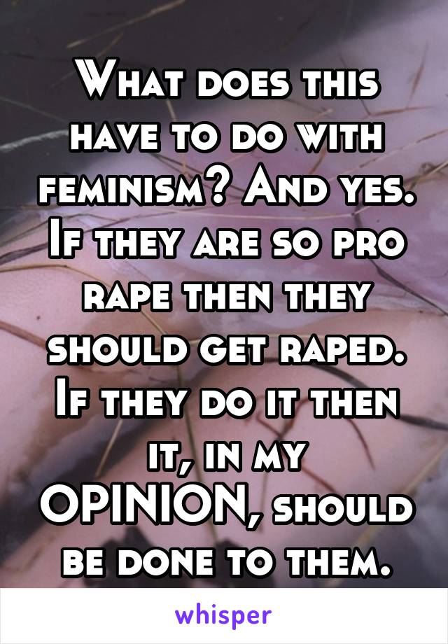 What does this have to do with feminism? And yes. If they are so pro rape then they should get raped. If they do it then it, in my OPINION, should be done to them.