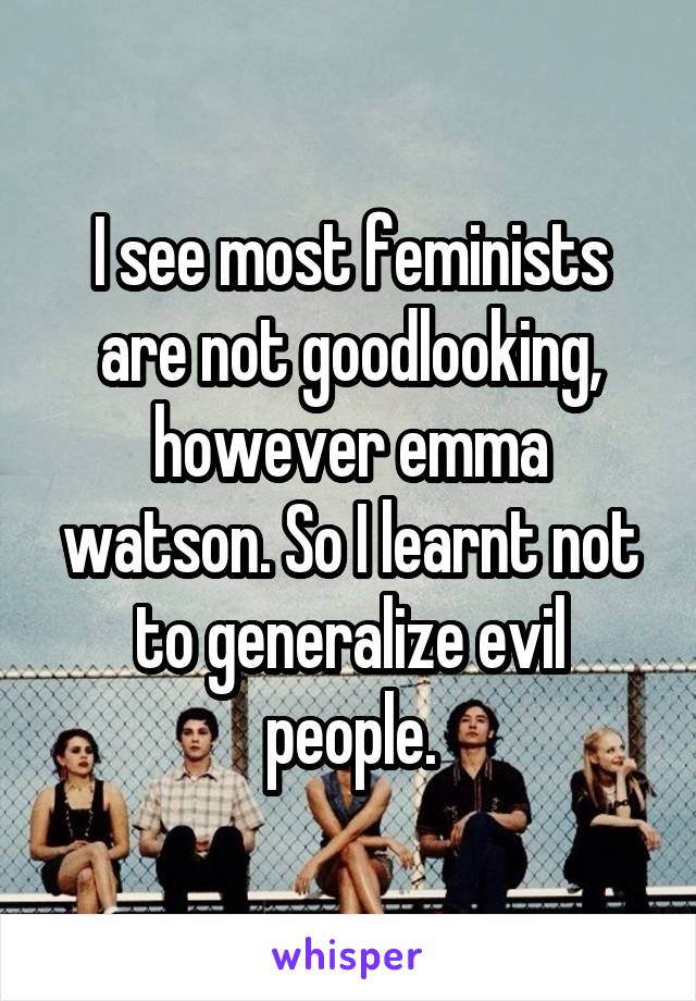 I see most feminists are not goodlooking, however emma watson. So I learnt not to generalize evil people.