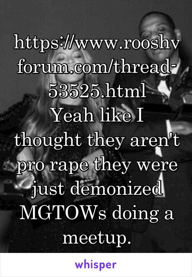 https://www.rooshvforum.com/thread-53525.html
Yeah like I thought they aren't pro rape they were just demonized MGTOWs doing a meetup.